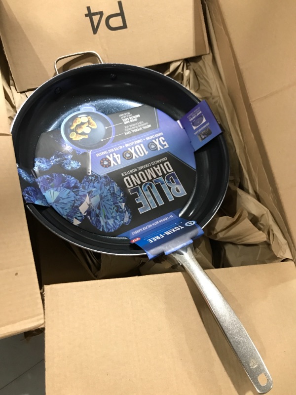 Photo 1 of Blue Diamond Cookware Diamond Infused Ceramic Nonstick, 14" Large Frying Pan with Helper Handle, PFAS-Free, Dishwasher Safe, Oven Safe, Blue 14" Frying Pan Skillet---box damage 
