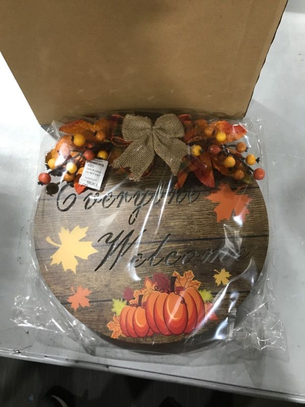 Photo 2 of [ Light Inside & Timer ] Prelit Everyone Welcome Sign Fall Thanksgiving Wreath Front Door Decoration Battery Operated Pumpkin Maple Leaf Berry Wood Hanging Sign Autumn Fall Decor Home Indoor Outdoor