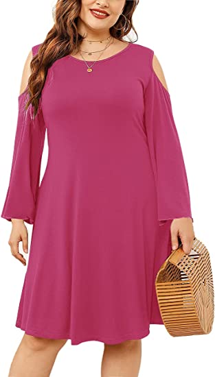 Photo 1 of Aksbgg Womens Plus Size Dress Short/Long Sleeve Cold Shoulder Casual T-Shirt Loose Swing Mini Dress ---SZIE 2XL