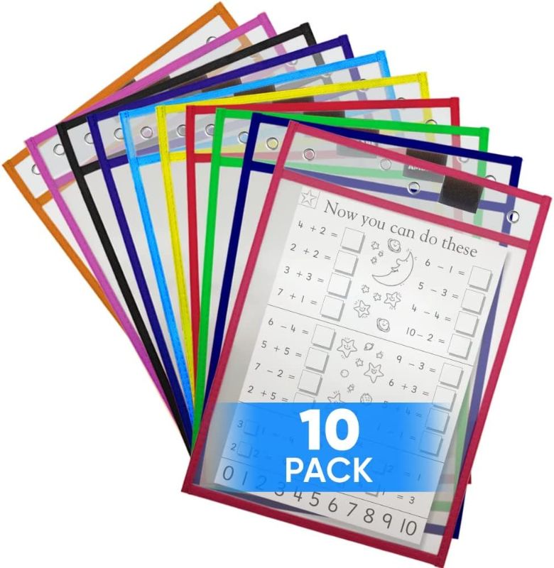 Photo 1 of 10 Pack Dry Erase Pockets 10x13 in (3 Hole) for Classroom - Plastic Sleeves for Paper - Write & Wipe Reusable Clear Pocket Sleeves - Heavy Duty Dry Erase Sheet Protector - Dry Erase Sheets Protectors
