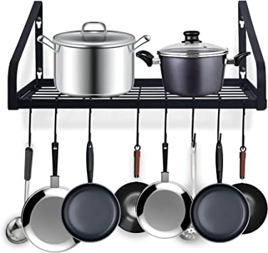 Photo 1 of ZHOHO TANT Hanging Pot Rack Pot Pan Rack Wall Mounted Pan and Pot Hanger with 8 Hooks for Kitchen Cookware Utensils 2 DIY Methods Black Steel Pan and Pot Hanging Organizer