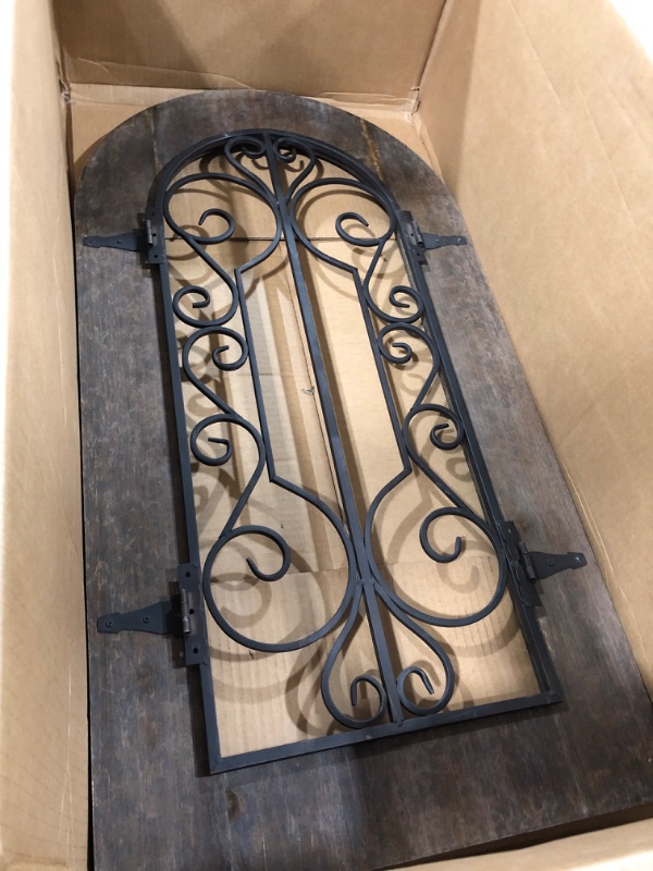 Photo 2 of Deco 79 Wood Scroll Arched Window Inspired Wall Decor with Metal Scrollwork Relief, 20" x 1" x 38", Brown 20" x 38" Brown