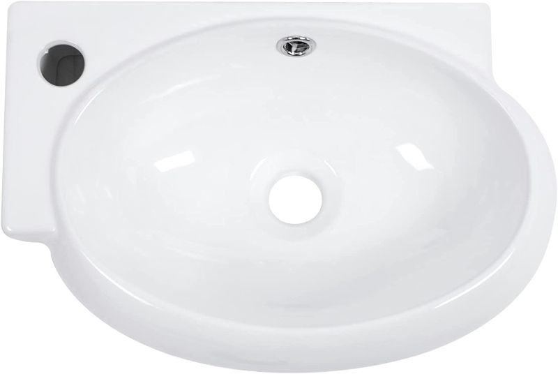 Photo 1 of 16" Wall Mounted Bathroom Sink - Mocoloo White 16x11 Inch Left Hand Round Corner Sink Wall Mount Hung Porcelain Ceramic With Overflow Heavy Duty 