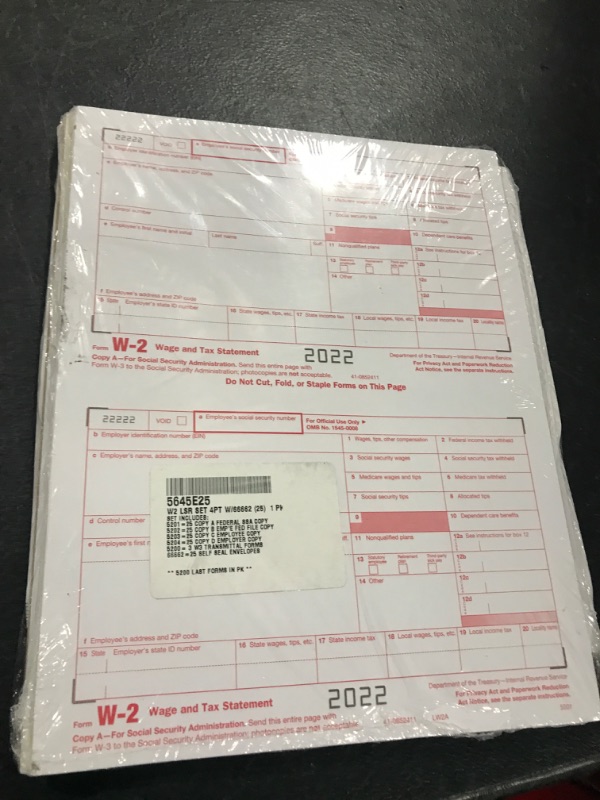 Photo 2 of W2 Tax Forms for 2022 4 Part, IRS-Compatible W2 Forms for 25 Employees - Compatible with Quickbooks Software & Laser, Inkjet Printers - Includes 25 Self-Sealing Envelopes