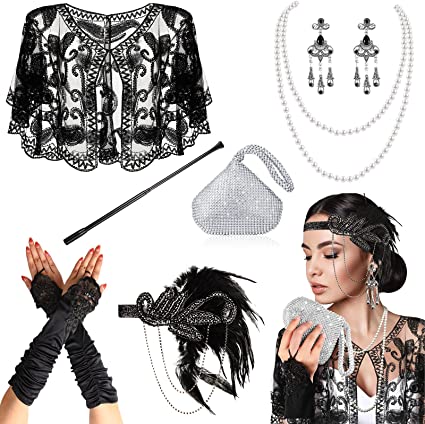 Photo 1 of 7 Pieces 1920s Flapper Costume Accessories Set 20s Flapper Headband Pearl Necklace Earrings Gloves Holder Bling Rhinestone Clutch Bag Sequin Shawl Wraps for Party Prom Wedding
