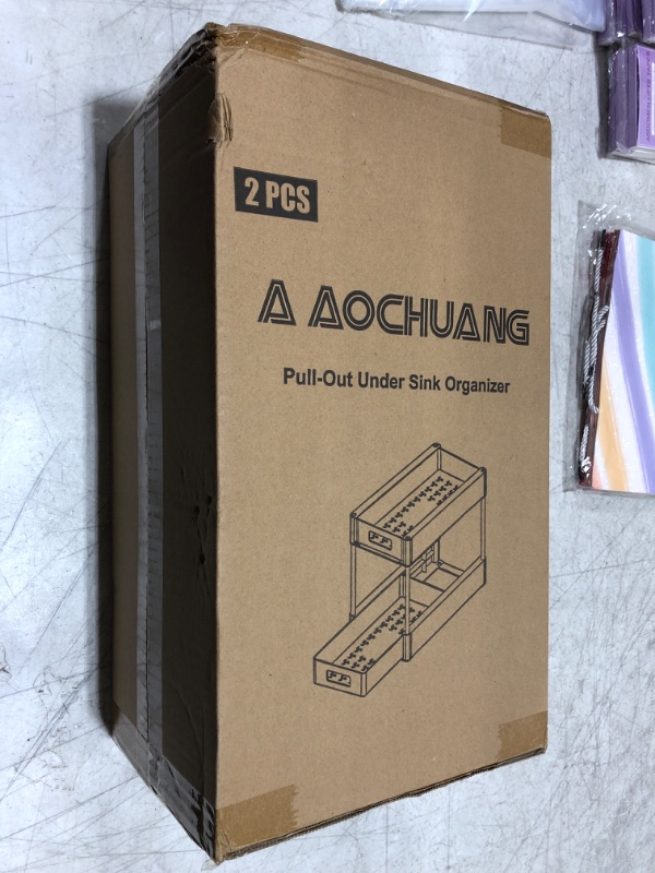 Photo 1 of 2-Tier Pull Out Under Sink Cabinet Organizer, Multi-purpose Under Sink Shelf Organizer for Bathroom, Kitchen with Hooks, Hanging Cup (Black&White)