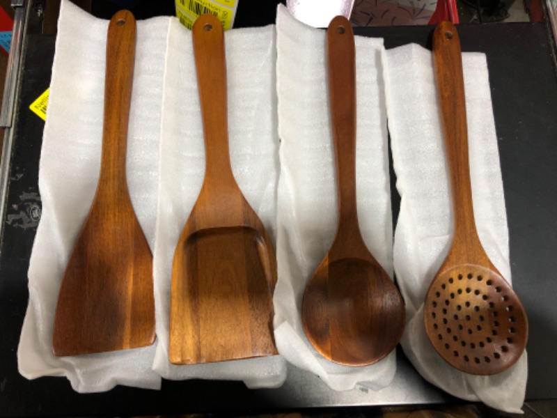 Photo 2 of Acacia Wooden Utensils Set 4 Pcs,Nonstick Wooden Kitchen Utensil Set,Wooden Spoon Set inicluding Spoon,Skimmer,Spatula,Turner(4 pack)