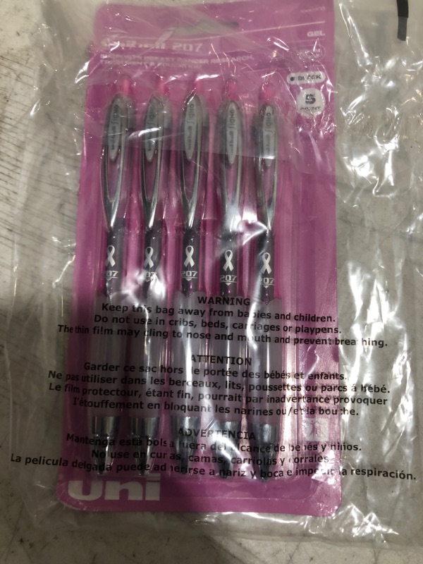 Photo 2 of uni-ball 207 Retractable Gel Pens, Medium Point (0.7mm), Black, Pink Ribbon Edition, 5 Count Black 5 Count (Pack of 1) Medium Point Gel Pens