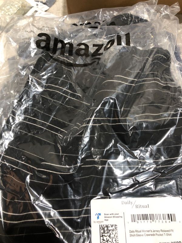 Photo 2 of Amazon Essentials Women's Jersey Relaxed-Fit Short-Sleeve Crewneck Pocket T-Shirt Rayon Blend Black/White, Stripe Medium