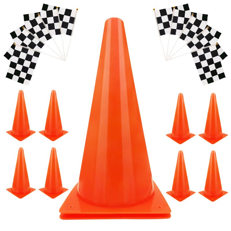 Photo 1 of  7inch Orange Racing Traffic Cones Party Decoration With Racing Checkered Flags,11inch Safety Sport Training Plastic Cones With Racing Flags,Race Car Birthday Party Supplies,Racing Themed Party 11inch Orange Cones With Checkered Flags?20PCS)
