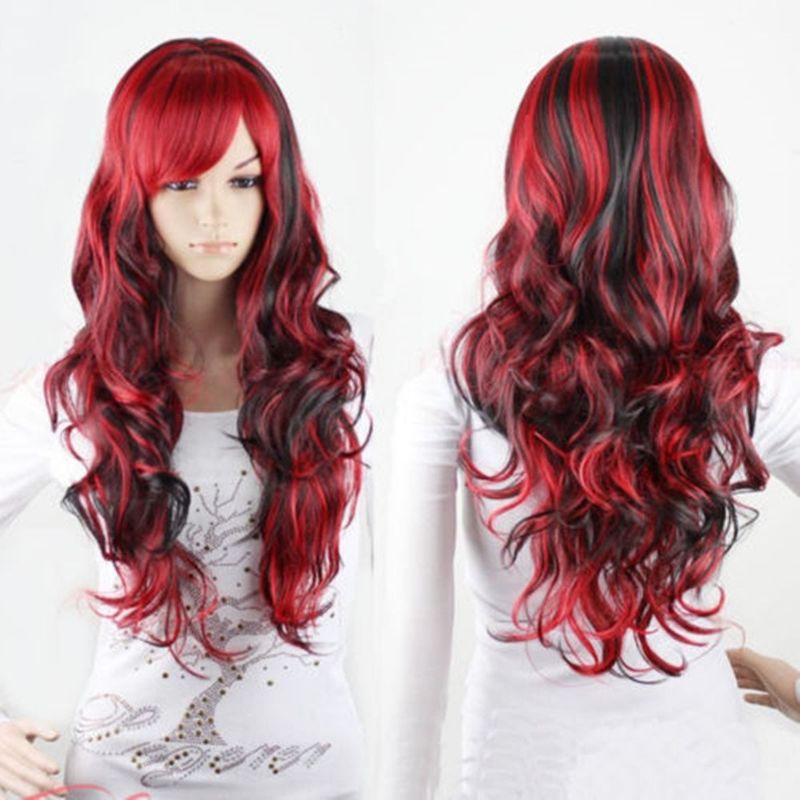 Photo 1 of AneShe Anime Cosplay Wigs Red and Black for Women Long Curly Hair Wigs Lolita Style Wigs (Red+Black)
