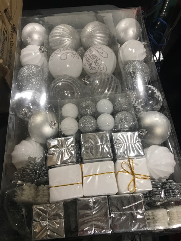 Photo 2 of 143pcs Silver and White Christmas Tree Decoration Ornaments Set Shatterproof for Xmas Tree Including Star Tree Topper Balls Icicle Pine Cones Beaded Garland Snowflakes