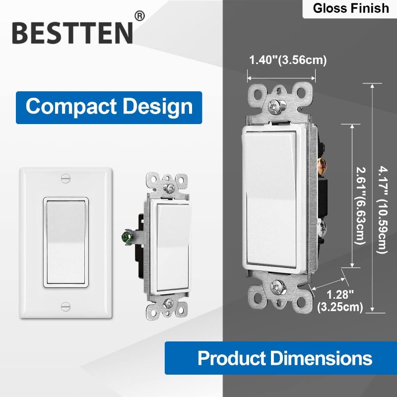 Photo 1 of [30 Pack] BESTTEN Single Pole Wall Light Switch with Wallplate, 15A 120/277V, Decorator On/Off Rocker Paddle Interrupter, UL Listed, White
