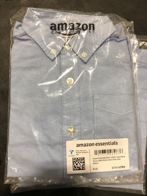 Photo 2 of Amazon Essentials Boys' Uniform Classic Fit Long-Sleeve Woven Oxford Shirt Medium Blue