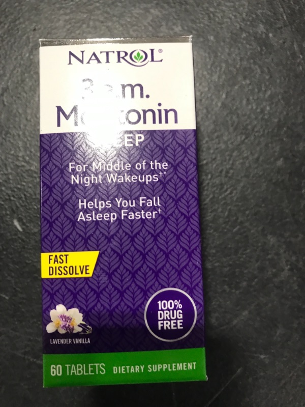 Photo 1 of Natrol 3 A.M. Melatonin Fast Dissolve Sleep Aid Supplement, Fall Back to Sleep, Dissolves in Mouth, Drug Free, 60 Lavender Vanilla Flavored Tablets 60 Count (Pack of 1) 3 AM Melatonin EXP. 05/2023