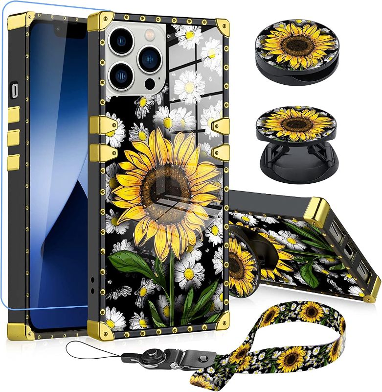 Photo 1 of Designed for iPhone 14 Pro Square Case Sunflower with Screen Protector Lanyard Strap Ring Holder Kickstand for Women Girls Flower Daisy with Stand Phone Bumpers for iPhone 14 Pro 6.1" 