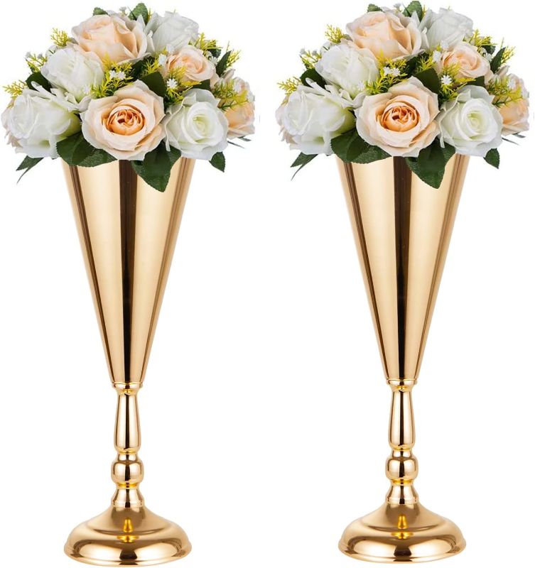 Photo 1 of 2 Pcs Tabletop Decoration Centerpiece, 14.4in Metal Wedding Flowers Small Gold Vase, Christmas Anniversary Birthday Party Home Decoration Flower Arrangement
