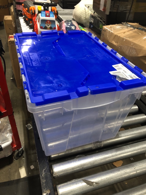 Photo 1 of Akro-Mils 66486 12-Gallon Plastic Stackable Storage Keepbox Tote Container with Attached Hinged Lid, 21-1/2-Inch x 15-Inch x 12-1/2-Inch, Clear/Blue Clear/Blue Keep Box