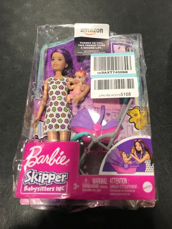 Photo 2 of Barbie Skipper Babysitters Inc. Playset with Skipper Babysitter Doll (Brunette), Stroller, Baby Doll & 5 Accessories, Toy for 3 Year Olds & Up Brunette