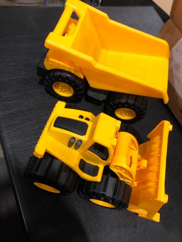 Photo 1 of Amazon Basics Toy Construction Vehicle Set, Dump Truck and Bulldozer, Indoor/Outdoor, 10-Inch, Yellow (Pack of 2)