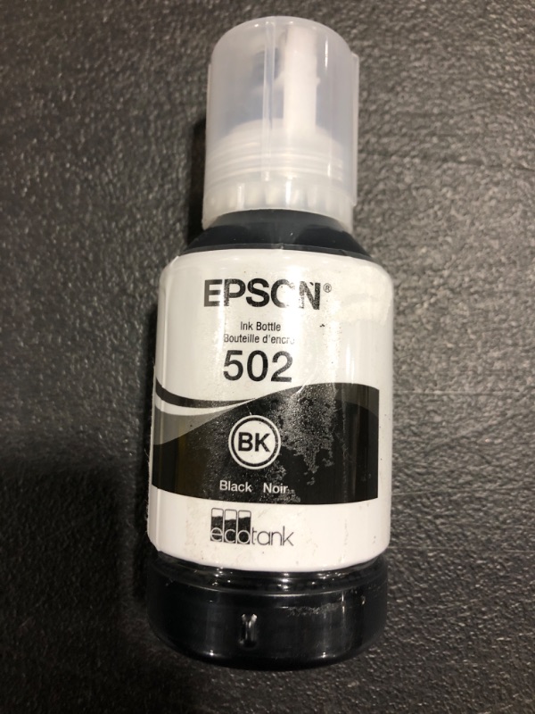 Photo 2 of EPSON T502 EcoTank Ink Ultra-high Capacity Bottle Black (T502120-S) for select Epson EcoTank Printers Black Bottle. PRIOR USE. 