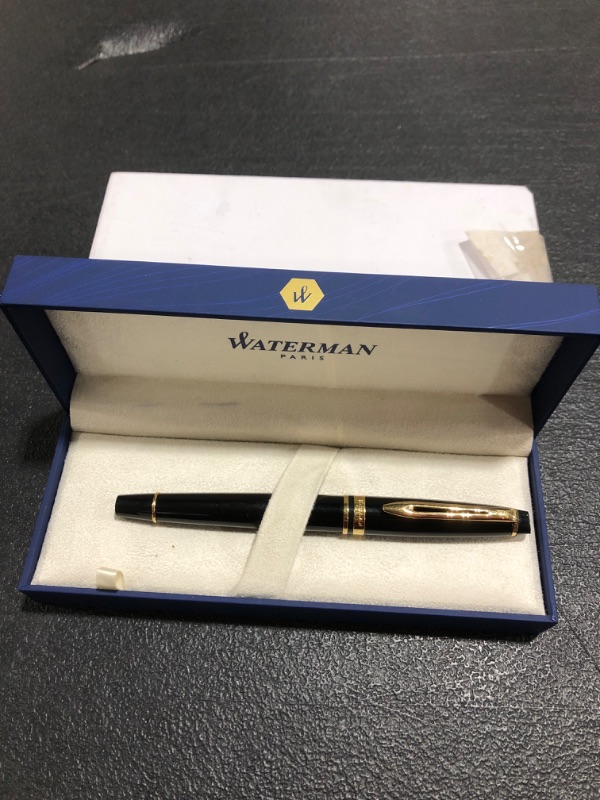 Photo 1 of Waterman Expert Fountain Pen, Gloss Black with 23k Gold Trim, Medium Nib with Blue Ink Cartridge, Gift Box. 