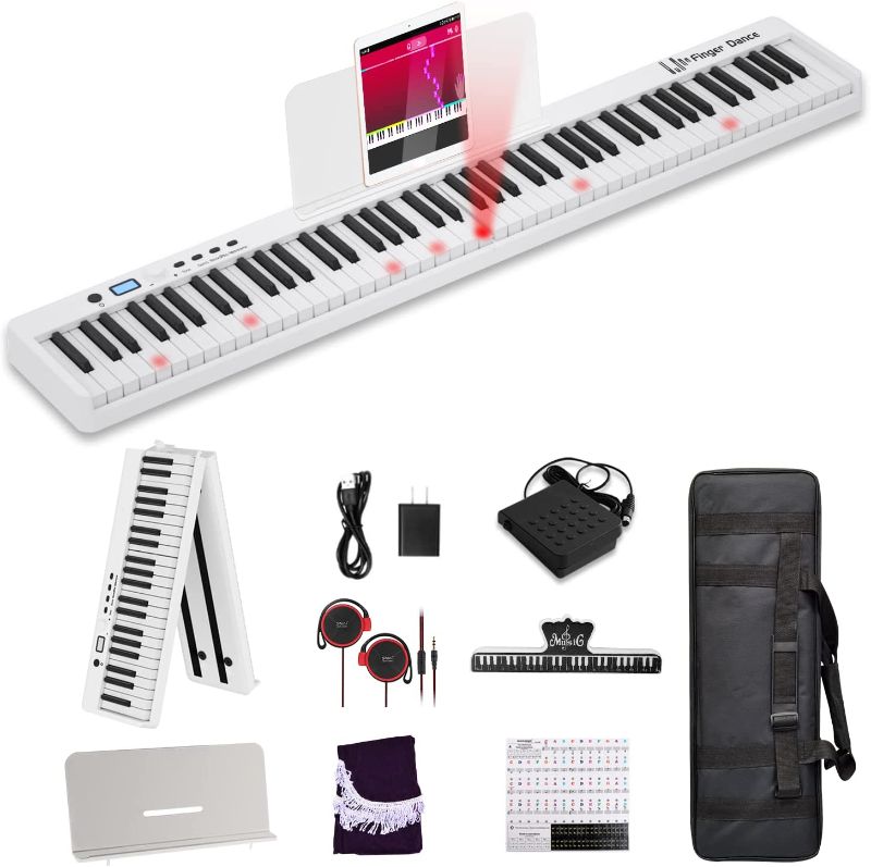 Photo 1 of Finger Dance Folding Piano 88 key keyboard Digital Piano with MIDI Portable 88 Key Full Size Upgrade Wood Grain Semi-Weighted Keyboard Piano with Lighted Keys for Beginners - White Lighted Keys
