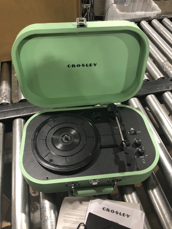 Photo 3 of Crosley CR8009B-SEA Discovery Vintage Bluetooth in/Out 3-Speed Belt-Driven Suitcase Vinyl Record Player Turntable, Seafoam
