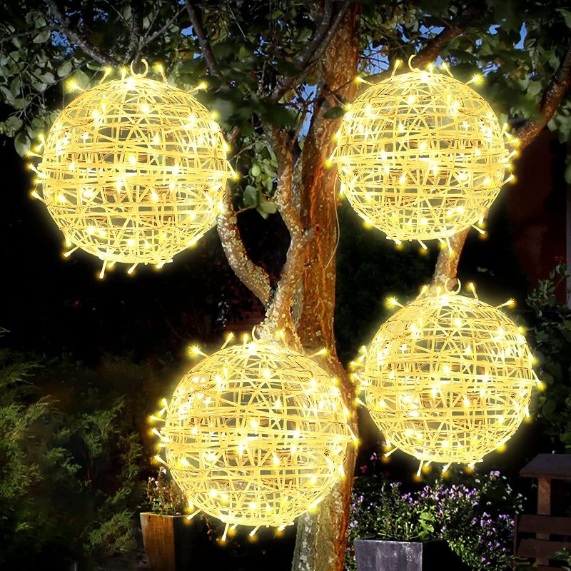 Photo 1 of 4 Pcs 16'' Christmas Outdoor Light Balls Hanging Tree Globe Lights LED Garden Tree Lights Rattan Lighted Sphere Balls Waterproof Lighted Globe Light for Tree Outdoor Indoor Party Yard Lawn Porch Decor
