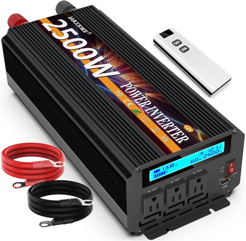 Photo 1 of JARXIOKE 2500W Power Inverter 12V DC to AC 110V/120V (Peak) 5000W Converter 3 sockets car Inverter with Remote Control and LED Display 3.4v USB Port
