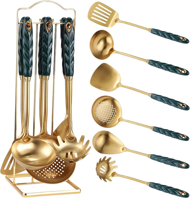 Photo 1 of 304 Stainless Steel Cooking Utensils Set with Holder,7 PC High-Grade Gold Kitchen Utensils Set with Ceramic Handle, Matte Heavy Duty Metal Kitchen Cooking Tools
