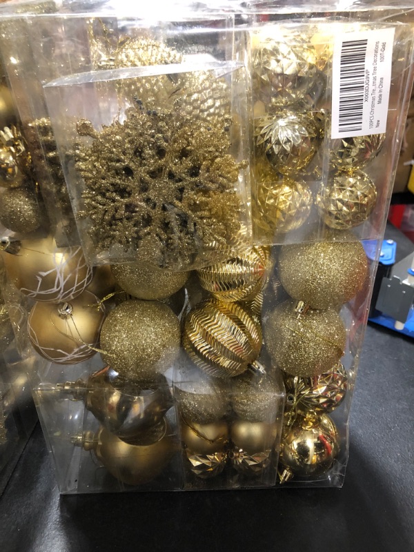 Photo 2 of 100PCS Christmas Tree Balls Ornaments Set with Christmas Tree Topper, Gold Christmas Ornaments Sets for Christmas Tree, Shatterproof Hanging Christmas Tree Decorations 100pcs-gold