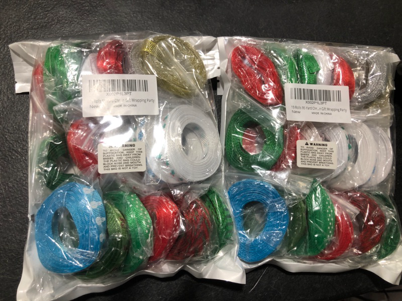 Photo 2 of 19 Rolls 95 Yard Christmas Ribbons Trims Printed Grosgrain Ribbons Multicolor Organza Ribbons Satin Ribbons Metallic Glitter Ribbons 3/8" Wide for Winter Holiday Festival Season Gift Wrapping Party 2 pack