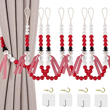 Photo 1 of 4 Pieces Christmas Curtain Tiebacks, KLOGTSIND Snowman Christmas Window Decorations for Bedroom Living Room, Wood Bead Curtain Holdbacks with Hooks, Christmas Ornaments Set Home Decor (Red, 4)
