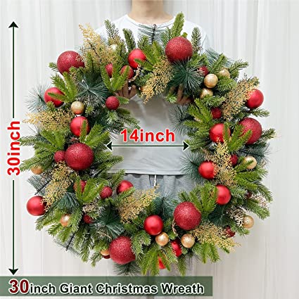 Photo 1 of 30 Inch Super Large Thick Prelit Christmas Wreath Decoration for Front Door Realistic Feel Timer 80 Lights 47 Balls Ornaments 30 Cypress Leaves Battery Operate Xmas Decorations Indoor Outdoor Wall
