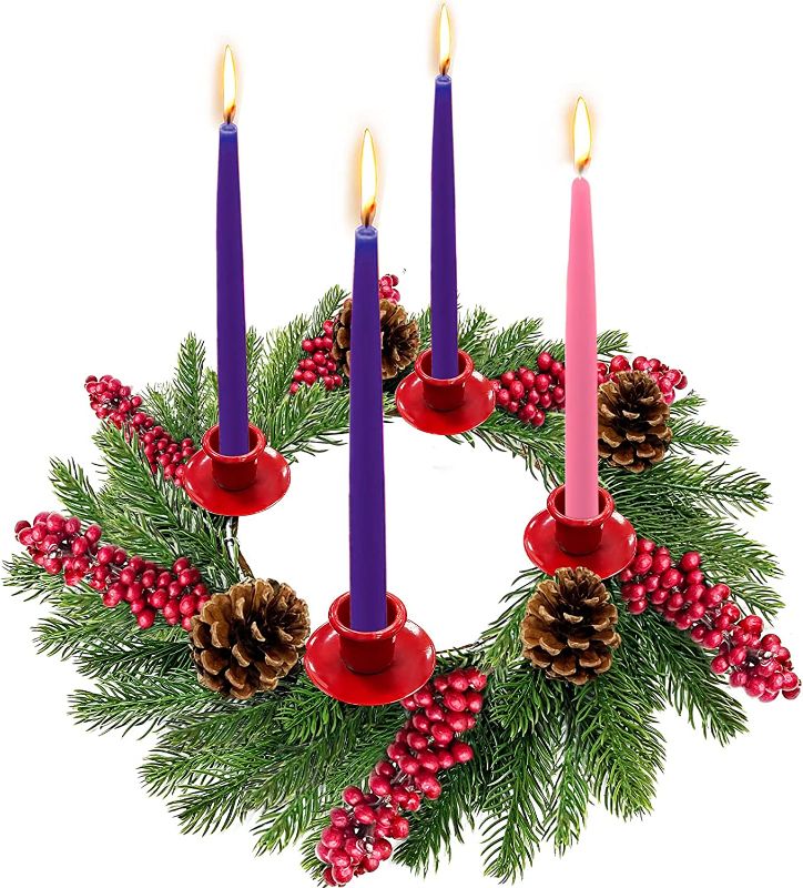 Photo 1 of [Safety Fire Retardant] Christmas Red Advent Wreath Decoration, Realistic Spruce Christmas Centerpiece with 4 Candle Holder Pinecone 6 Berry Advent Decor for Table Holiday Home Church (No Candles) 