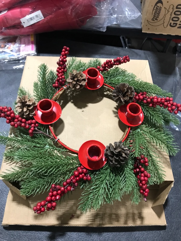 Photo 3 of [Safety Fire Retardant] Christmas Red Advent Wreath Decoration, Realistic Spruce Christmas Centerpiece with 4 Candle Holder Pinecone 6 Berry Advent Decor for Table Holiday Home Church (No Candles) 