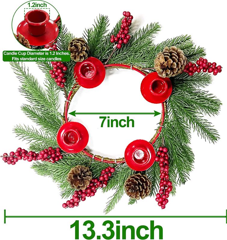 Photo 2 of [Safety Fire Retardant] Christmas Red Advent Wreath Decoration, Realistic Spruce Christmas Centerpiece with 4 Candle Holder Pinecone 6 Berry Advent Decor for Table Holiday Home Church (No Candles) 