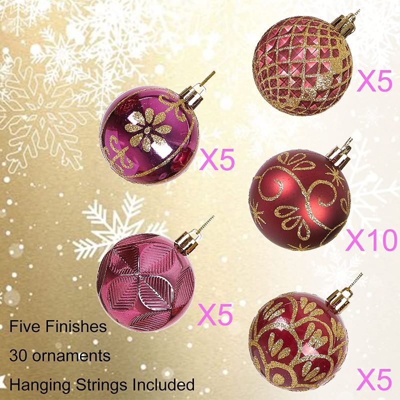 Photo 2 of 30ct 2.36" Christmas Ball Ornaments, Christmas Tree Decoration, Plastic Shatterproof Hanging Ball, Fits for Party, Holiday and Home Decor, Burgundy 