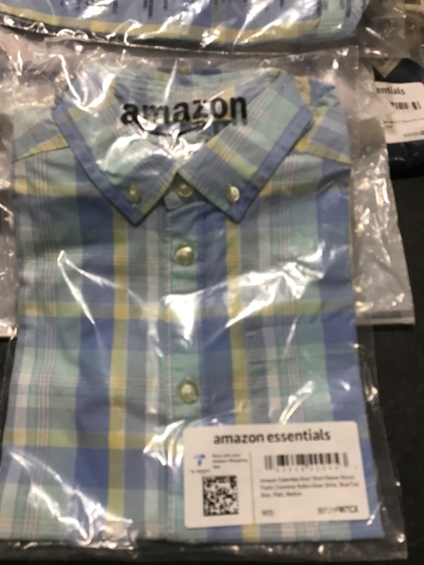 Photo 2 of Amazon Essentials Boys and Toddlers' Short-Sleeve Woven Poplin Chambray Button-Down Shirt Medium Blue/Teal Blue, Plaid