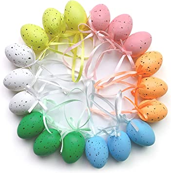 Photo 1 of 24 Plastic Egg Ornaments, Colorful Easter Speckled Eggs Easter Tree Ornaments with Ribbon for Easter Hunt Basket Stuffers Fillers Party Favors