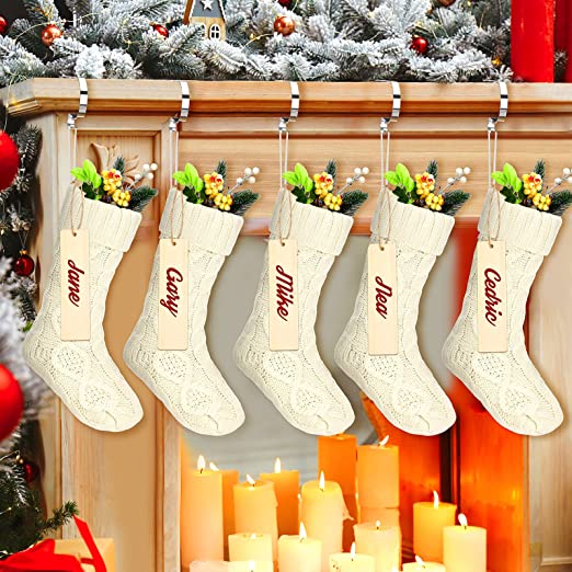 Photo 1 of 42 Pack DIY Christmas Stocking with Unfinished Wooden Name Tags with Stocking Holders Sets 18 Inches Large Christmas Cable Knitted Stocking Decorations for Family Holiday Xmas Party Decor