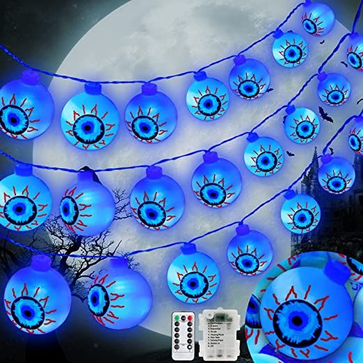 Photo 1 of  8 Modes & Timer ] 29.5 Ft 60 LED Halloween Eyeball String Lights Halloween Decorations Remote Control Waterproof Battery Operated Scary Halloween Lights Indoor Outdoor Party Decorations (Blue)