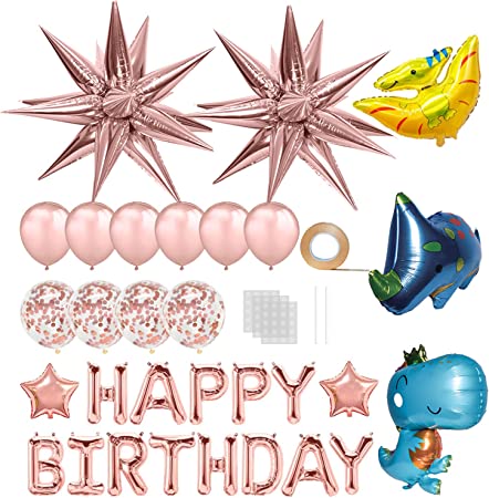 Photo 1 of 3D Starburst Star Balloons,ZMYGOLON 52 Pcs Birthday Balloon Foil Cone Big 27 inch Dark Explosion Star Mylar & Happy Birthday Balloon Set & 3 Pcs Dinosaur,for Christmas Birthday Wedding Decorations Party Balloon Supplies(Rose Gold)