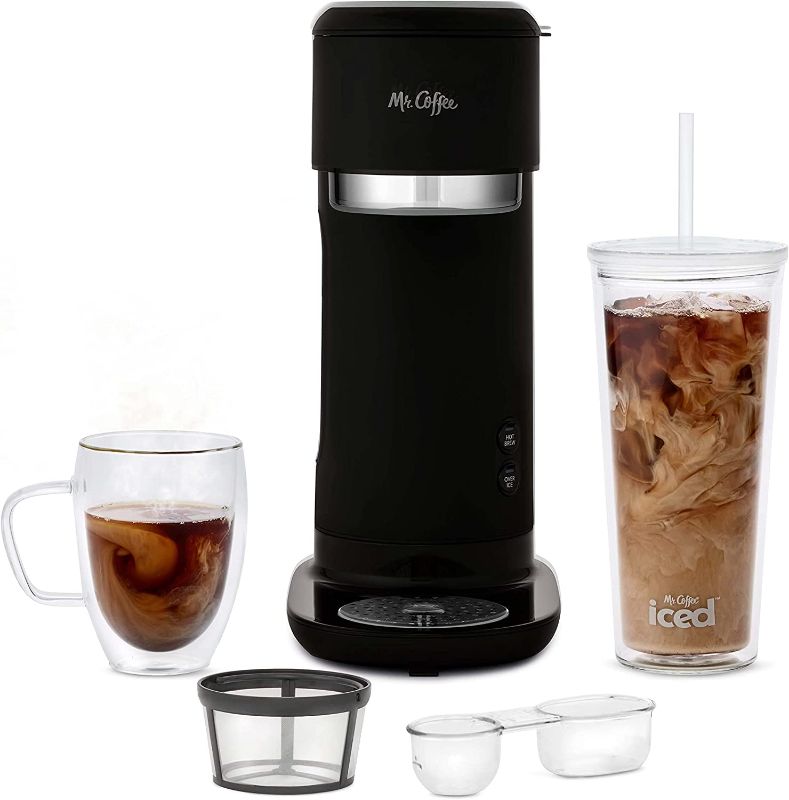Photo 1 of Mr. Coffee Iced and Hot Coffee Maker, Single Serve Machine with 22-Ounce Tumbler and Reusable Coffee Filer, Black
