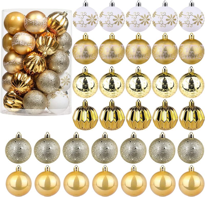 Photo 1 of 34 Pcs Christmas Ball Ornaments - 2.36" Christmas Tree Decorations Set Shatterproof Gold & White Christmas Ornaments Balls with Hanging Loop for Holiday Party Wreath Xmas Tree Decor 