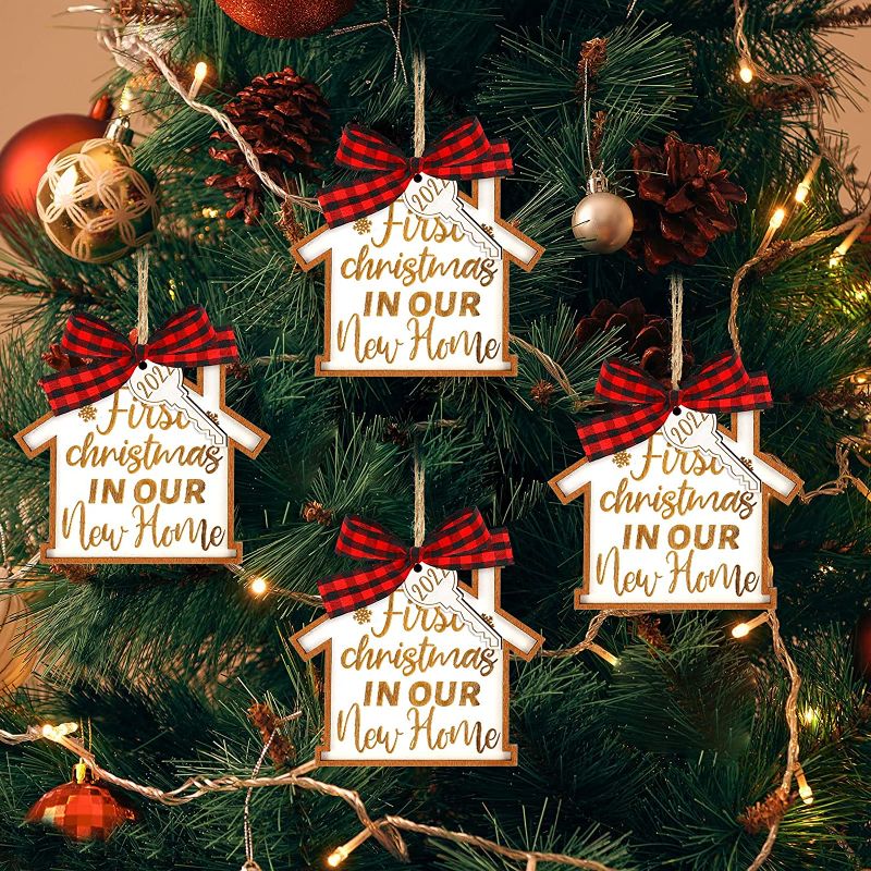 Photo 1 of 4 Pcs 2022 New Home Christmas Ornament Farmhouse First Christmas Ornaments for New Home Housewarming Gift Home Wood Key Christmas Decorative Hanging Ornaments for Christmas Tree() 