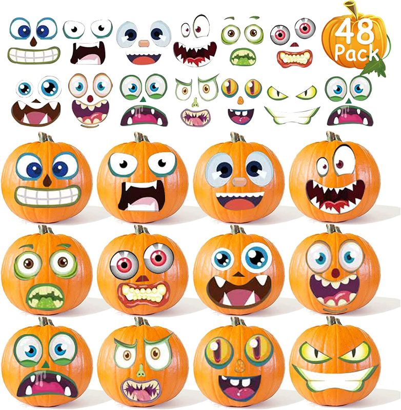 Photo 1 of 48 Pack Halloween Pumpkin Decorating Craft Stickers Mini Make 48 Small Pumpkin Face Stickers Monster Stickers for Halloween Kids Toddlers Treats Party Favors Supplies 24 Sheets 