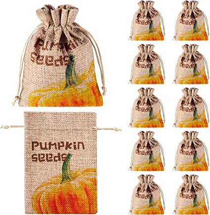 Photo 1 of 12 Pieces Fall Party Favors Pumpkins Burlap Bags Pumpkins Seeds Bag Autumn Burlap Goody Bags Fall Tiered Tray Decor Small Pumpkins Drawstring Bags for Fall Thanksgiving Party Favors, 4 x 5.5 Inch
