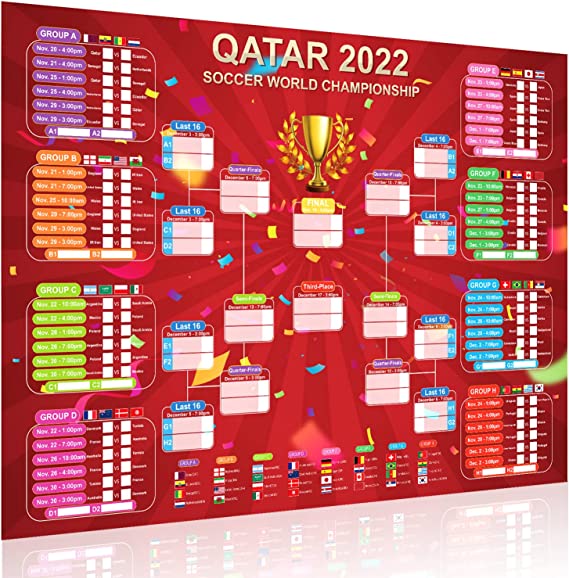 Photo 1 of 2022 World Cup Soccer Game Wall Calendar Poster world cup sticker book 2022 Football Tournament Schedule Soccer Matches Wall Chart and 32 team Flag Stickers for Home Office bar football club Decorations (Red)
